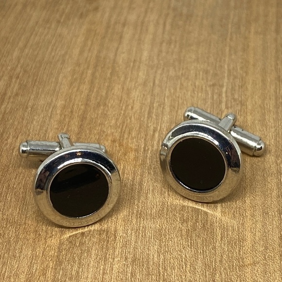 𝅺cufflinks Classic vintage cufflinks black round silver tone - Picture 1 of 5